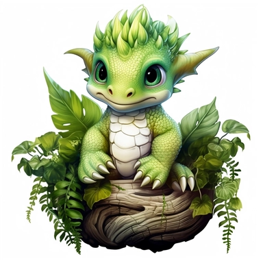 clipart white background: A delightful baby dragon with pastel green scales and sparkling emerald eyes, nestled in a charming woodland setting
