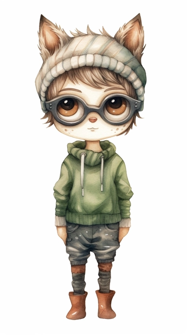 A watercolor pencile illustration of cute short hair boy wearing forest animal mask, inspired by mrs mighetto and inspired by nicoletta ceccoli, cute detailed artwork, high definition, whimsical art, Clipart style, png style, svg style, blank white background, isolated on a solid white background, 8k, full body,