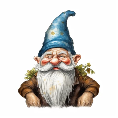 Create a clipart of a stout and rosy-cheeked gnome in a realistic watercolor style. The gnome should be centered in the drawing with a plain, high contrasted background to make the gnome stand out. Make sure the gnome has a traditional pointed hat, bushy eyebrows and a long white beard. His clothing should be brightly colored to further enhance the cheery, jovial look of the gnome. Overall, the clipart should highlight the magical charm and enchanting personality of the gnome.