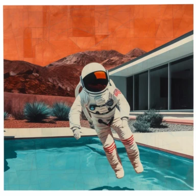 a painting of an astronaut jumping into a swimming pool, a pop art painting, inspired by Hannah Höch, featured on tumblr, landscape with red mountains, clipart, inherent vice, artsation contest winner, connectedness, man with a gun, hyperreal phantastic, zine, featured in artistation, mix ,8K,