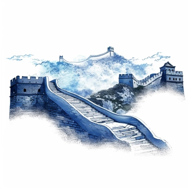the great wall of china as watercolor clipart in shades of blue on a white background