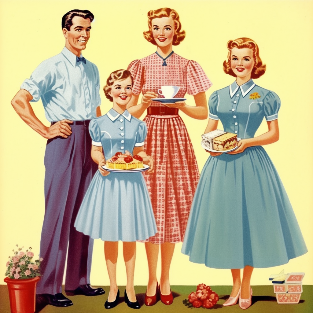 Vintage Illustration, A family of three members, one man, one woman ...