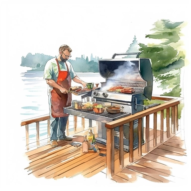 a man grilling supper for his family on the deck, clipart white background, watercolor style--q2--v5.1--s1000