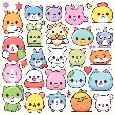 Design an adorable clipart set in Kawaii style featuring sweet and happy animals. Create cute characters like smiling pandas, chubby bunnies, and cheerful kittens. Add playful elements like rainbows, cupcakes, and hearts to enhance the cuteness factor. Let the colors be vibrant and pastel to capture the essence of Kawaii style and spread joy with your delightful clipart. Kawaii. White background, soft lighting.