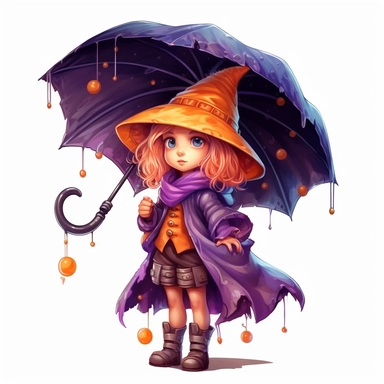 Cute Adorable magical little witch holds laterally a huge umbrella in his hand wears a raincape and stand in the rain on a country road, correct umbrella, clipart, high detail, 8k polished, 8k, vibrant colors, white background, sticker