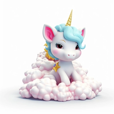 cute cartoon baby unicorn 3d,on cloud 3d,high details,clipart,white background