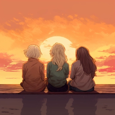 ChatGPT I would like an image depicting three women sitting with their backs to the viewer, facing a sunset. The first woman should appear as a mother, with medium-length blonde hair. The second woman should resemble a grandmother, with gray hair and a more mature appearance. Lastly, the third woman should look like a young girl, with long brown hair and a youthful expression. Ensure that the women are seated on a bench or chairs, clearly facing the sunset. The sunset should be warm, with shades
