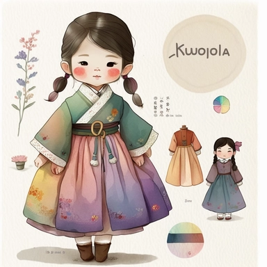 a cute little girl is wearing Korea traditional dress Hanbok. watercolor clipart, the skirt layers are designed to create a full and flowing silhouette, rainbow color jacket, The jacket worn by women in the royal family has long sleeves that are wide and 