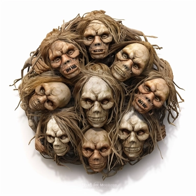 several voodoo shrunken heads tied together by their hairs in a circular formation, calm expression, shrivelled skin, pastel, photorealistic, hyper realistic, ultra high-detail, dark outlines, white background, clipart,