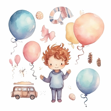 watercolor illustration, cute gender reveal doodle clipart, boy or girl, high resolution, detailed doodle, white background, items clipart for baby shower gender reveal, mom to be