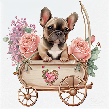 Cute french bulldog Puppy valentine, heart wagon, blush tones, Lilla Rogers agency, watercolor, roses, cupid, fairytale, folkart, clipart, white background