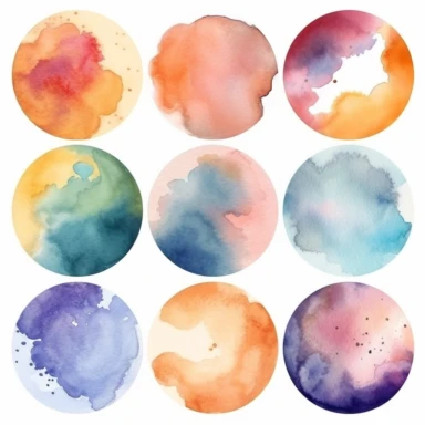 Nine abstract watercolor background vector clipart, in different light pastel colors, rounded, hazy romanticism, free brushwork