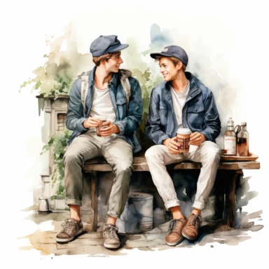Travel Watercolor Clipart, two young men, best friends, drinking coffee ,19 blue themed, single object, isolated on white background, highly detailed, hand painted watercolor illustration by Cath Kidston, Emma Bridgewater, png transparent background, white background for removing background - - no text shadow font watermark
