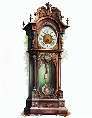 detailed watercolor vintage grandfather clock, realistic, isolated on white backgorund, clipart