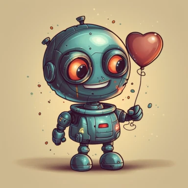 An adorable clipart of a small robot, with a round body and chubby arms, the robot has a cheerful expression, with big round eyes and a smiling mouth, the robot's body is made of shiny metal, with bright and colorful accents, the robot is holding a heart-shaped balloon, and surrounded by small stars, Illustration, digital art,