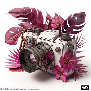 clipart of an old fashioned photo camera 1 photo lens only, surrounded by an intricate arrangement of dramatic extravagant digital 3D fushia tropical palm leaves, in the style of large-scale photography, lush detailing, cartoon style, playfully intricate, made of flowers, bloomcore, exotic ambiant, 8K, white background