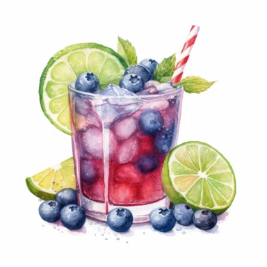 A colorful blueberry margarita in a salt-rimmed glass, with a wedge of lime and blueberries on top , Watercolor, pastels, clipart, beautiful, colourfull, png transparent white background, high resolution, no caption q4 s2