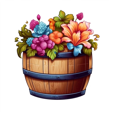 colorful wooden barrel with flower vine clipart, high detail, illustration style, high solution, on the white background