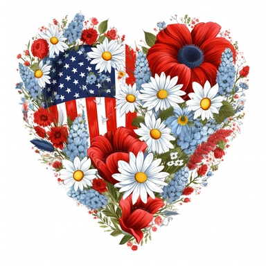 realistic illustration, heart clipart with floral decoration, with colors of the united states flag, july 24th, high definition embedded details, white background,