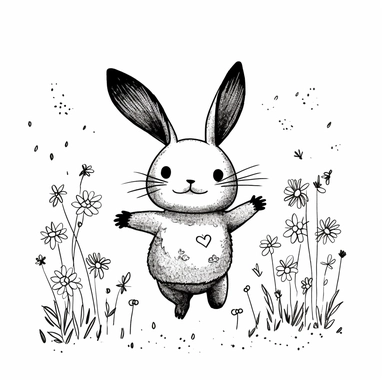 dancing bunny rabbit Cute Botanical Cartoon Animals, Midjourney Art, Digital Ai Art, Nursery Wall Art, Clipart, AI art, black line art minimilist ar3:2