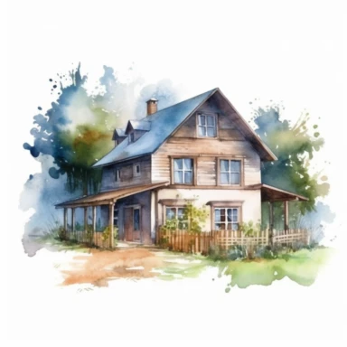 beautiful rustic watercolor farmhouse in the summer, clipart, digital art, concept, 4k