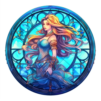 a stained glass glowing mermaid with glowing lights on her scales, mermaid fin, delicate detail, manhwa character design, in the style of artgerm, 2d game art, quadratura, clipart, on white blackground, circular shape,