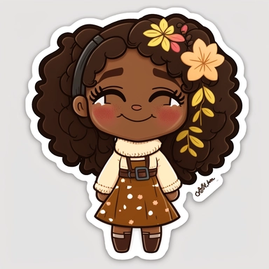 Clipart sticker of happy adorable laughing brown skin black kawaii girl wearing a cozy fall sweater, autumn leaves, printable planner sticker, white thick stroke, cozy illustration