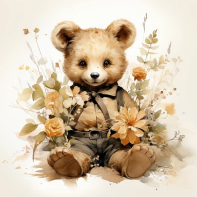 victorian vintage adorable little teddy with banquette and wild flowers, full body, pastel beige colors, clipart style, accurate details, watercolor technique, super high quality, professional watercolor clipart, high resolution