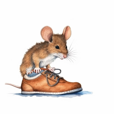mouse near big brown shoe, profile, full body, pencil and watercolor clipart style, cartoon style, super high quality, high resolution, isolated white background, 8k