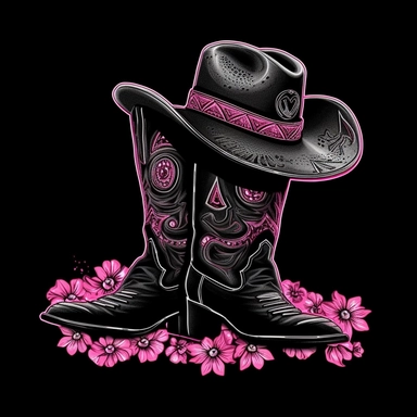 cowboy boots and cowboy hats, Cowgirl hat, leopard, pink collor, Clip art, Black Line, T-shirt Design, Black Background