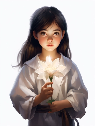 a child holding a Lily were holding only became apparent afterwards. an uncommon crystal flower's powers, clipart png, realistic, digital painting, WHITE BACKGROUND, fantasy style, realistic, painting, watercolor, 8k, ultra details,