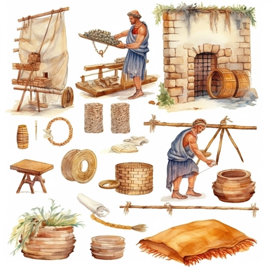 Watercolor well roman people weaving cloth , illustrations clipart set, simple, , cartoon elements, different variants , , marble elements, separate elements with a margin