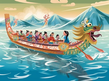 new year dragon boat traditional clip art, in the style of narrative-driven visual storytelling, quito school, illustrated advertisements, creative commons attribution, digitally enhanced, storybook illustration, 2d game art