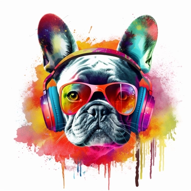 french bulldog, transparent backround,clipart,4k hd, ,headphone,sunglasses, really really colorful