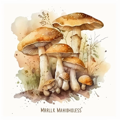 watercolor, a bunch of Birch polypore mashrooms in pastel beige color, a lot of details, good quality illustration, clipart, white background