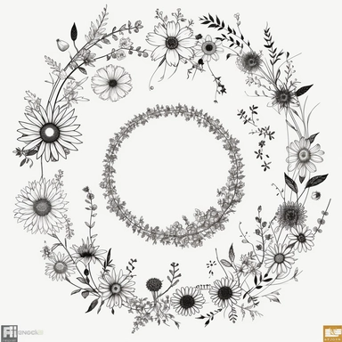 Nine extremely simple and beautiful uncomplicated minimalist design flower garlands clipart in 3 rows, 3 columns, line drawing in a perfect circle, very little detail, mixed drawing so that certain parts of the circle are flowers, straight line, hidden and dotted line, flower details do not enter the circle or enter very little, black focus, high quality, aesthetic style, white background, garlands only,8k