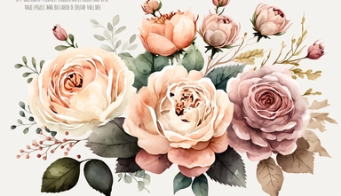 watercolor blush roses bouquet, isolated, white background, clipart