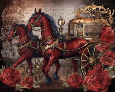 Royal Steampunk ClipArt, background paper, wall paper style, carriage, horses, roses, Watercolor Steampunk PNG, Victorian Clipart, Fantasy Clipart, deep reds and burgundy's and old paper textures, no text