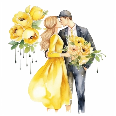 Very cute wedding illustrations clipart , cool tones, yellow roses bouquet, newlyweds, on a white background , watercolors, husband and wife on their wedding day , love