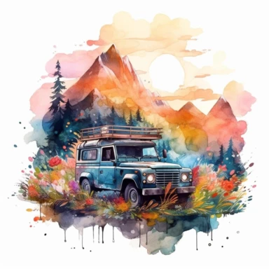 water color offroad floral advventure car 4*4 vehicle truck between high mountains and trees, vivid colors, sunset, clipart, hd, white background