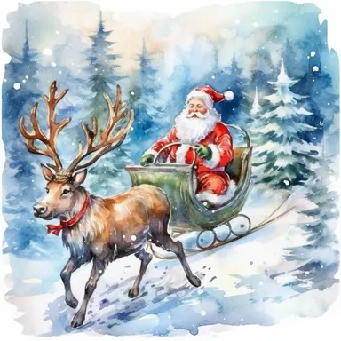 Clipart on blue backgraund cute red Santa Claus with red big gifts rides in a sleigh pulled by a reindeer in a snowy green forest painting water color