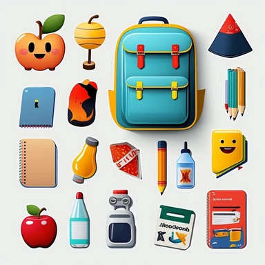 beautiful, 10 school equipment stickers collection, clipart design, cartoon, 4k, seperated with white background, photo realism