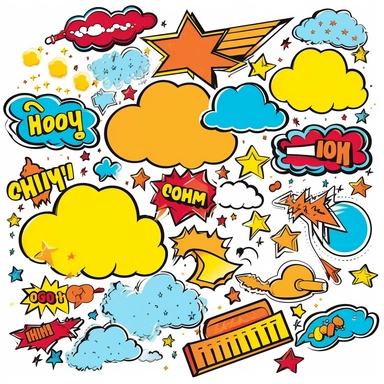 2d flat stickers clipart knolling various speech/thought/narration bubbles in the style of DC comics