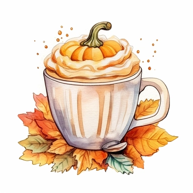 Watercolor illustration fall pumpkin pie, coffee mug, pies and leaves, in the style of knitted and crocheted, light white and beige, raw materials, wrapped, spiral group, charming characters, use of common materials , style by Lucy Fleming, watercolor, smooth gradients, black contour outline, ultra detailed, clipart elements, delicate pastel colors, solid white background, super clear, high quality