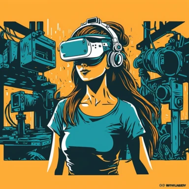 vr headset, virtual reality, industrial worker, poster, goddess, learning, simplistic, abstract, vector, 2d illustration, clipart, few colors, industrial environment, industrial scruffs
