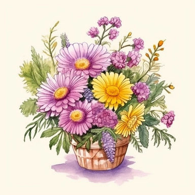 Design a captivating hand-drawn watercolor clip art image of a family gift niche adorned with birth flowers representing a family of four: a February baby (Violet), a May baby (Hawthorn), an August baby (Poppy), and a November baby (Chrysanthemum). Customize the image by incorporating the family's favorite colors into the background, adding a personal touch to the artwork. Pay attention to the intricate details of the flowers, using gentle shading and highlights to bring them to life.