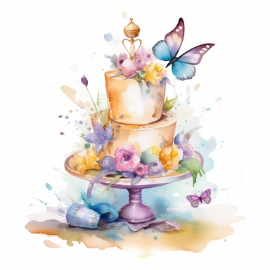 whimsical watercolour clip art against a white background easter themed cake on a cake stand