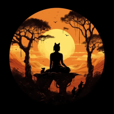 t shirt design of girl meditating on a hill while the sunset with trees around her and animals, Clipart