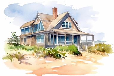 A watercolor clipart on isloated white background in the style of Bob Byrlwy of charming Nantucket beach houses nestled among the dunes of a sandy shore. The house should have a classic beachy design, with shingles or clapboard siding, plenty of windows to let in the ocean breeze, and perhaps a wraparound porch or a set of Adirondack chairs out front. The scene should be set on a sunny day, with blue skies overhead and the sound of waves crashing in the distance. The beach house should be surrou