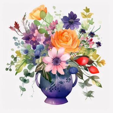 a clipart of watercolor vase of flowers, in the style of A variety of vibrant colors, flat yet expressive, pastoral charm, naturecore, embroidery, white background, png, vector